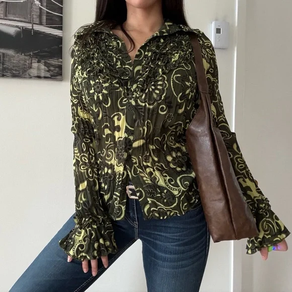 Vintage Boho Ruffle Button-Down Mesh Blouse - Picture 4 of 6